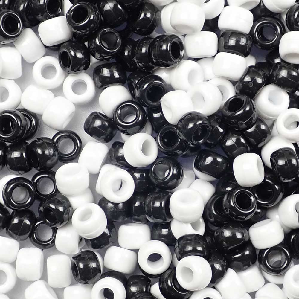 mixed colors of pony beads in a black and white theme
