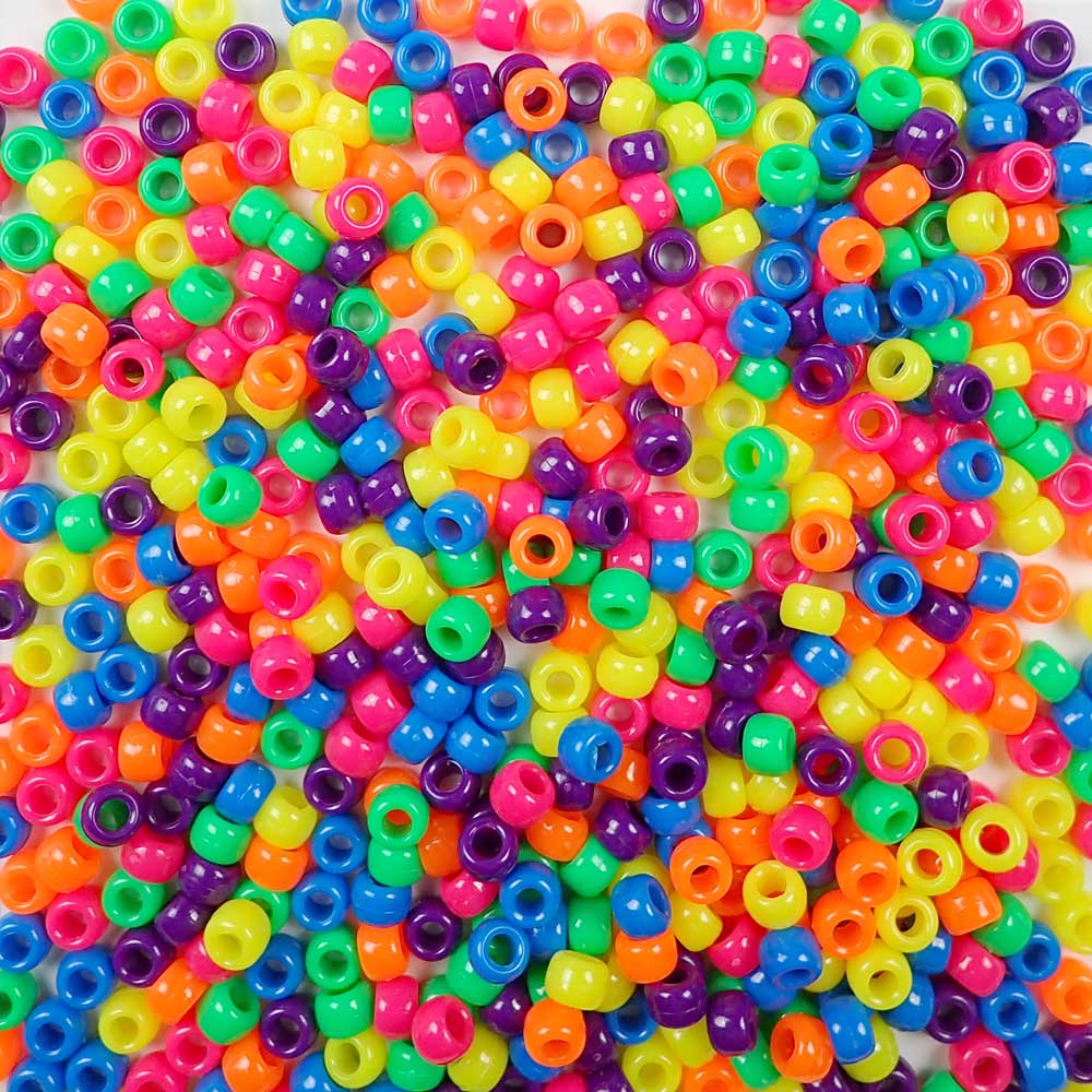 Bright Neon Colors Multi Color Mix Plastic Craft Pony Beads, Bead Size 6 x 9mm in bulk bag of 500 beads per package