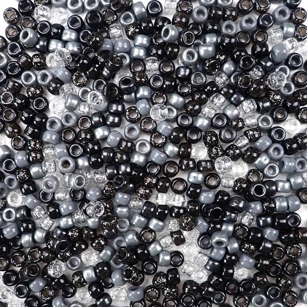 Black and Gray Mix of Plastic Craft Pony Beads, Bead Size 6 x 9mm in a bulk bag