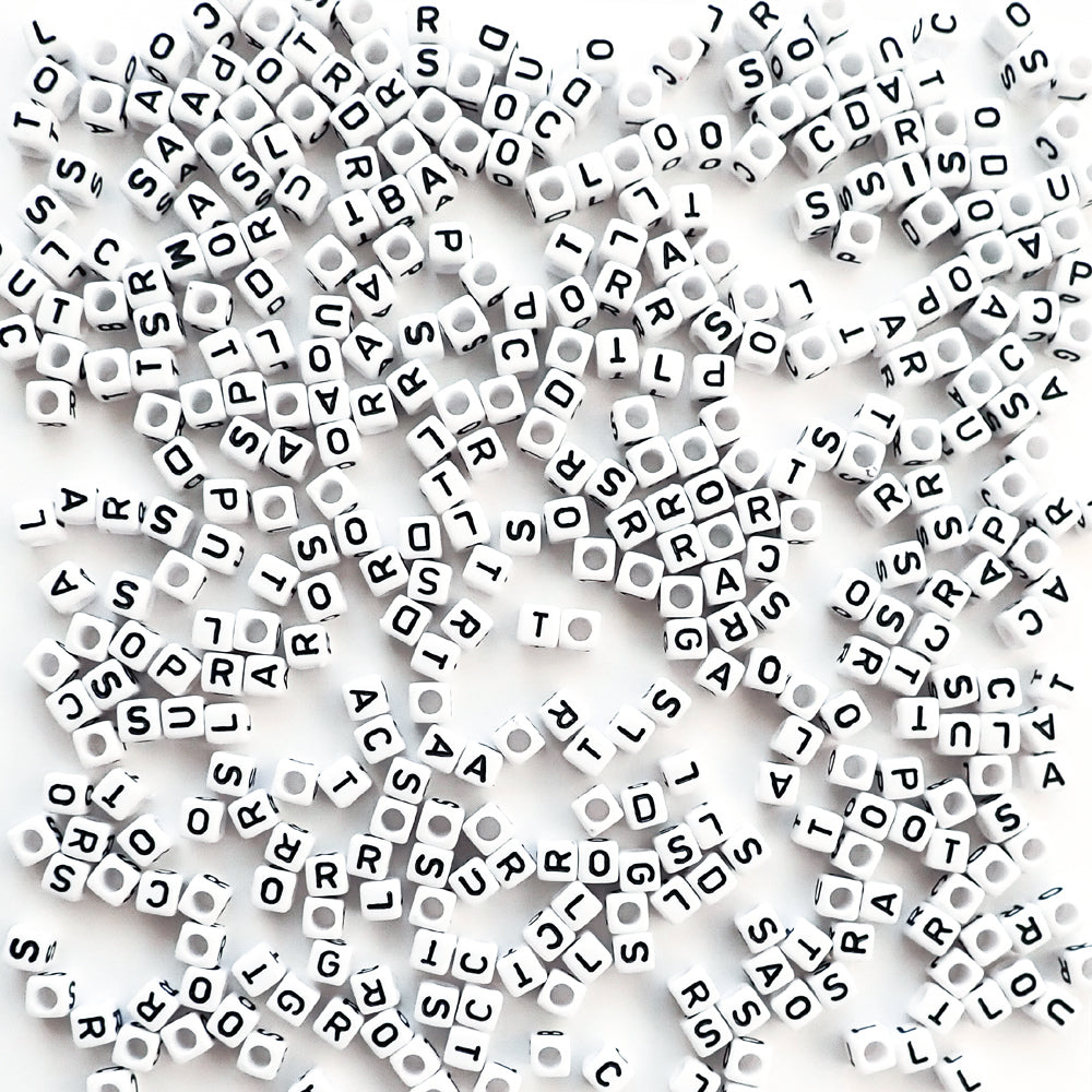 White Plastic Alphabet Letter Cube Beads 6mm Size - Pony Beads Plus