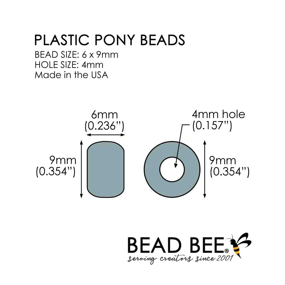 Diagram with dimensions. Plastic Pony Beads. Size 6 x 9 mm. Craft Beads.