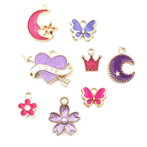 Pink &amp; Purple Charms, Random Designs &amp; Sizes, Set of 8 Charms