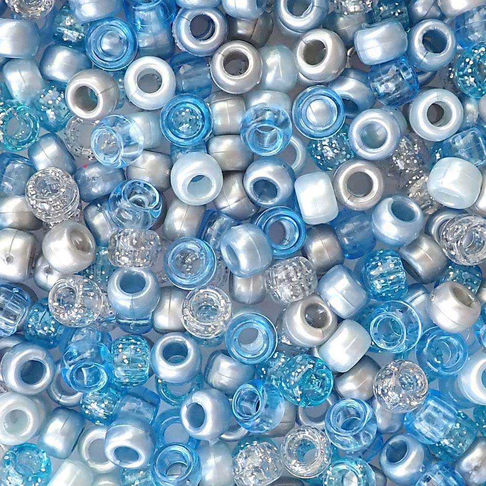 Blue Ice Mix Plastic Pony Beads 6 x 9mm