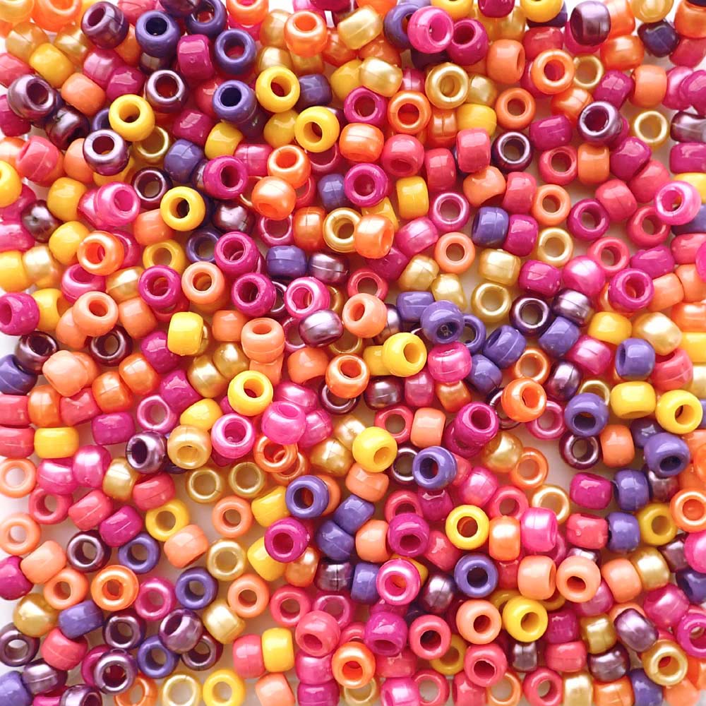 Tropical Sunset Mix Plastic Craft Pony Beads, Size 6 x 9mm