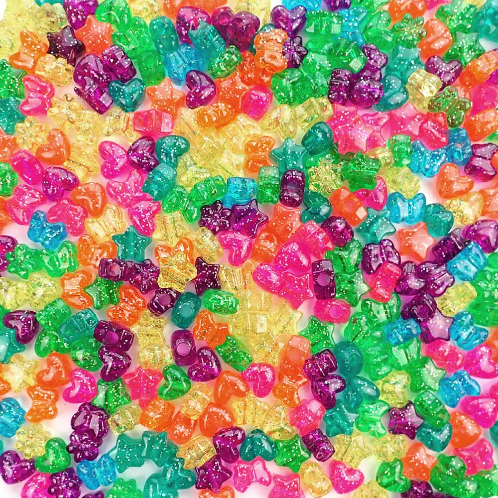 plastic crafts beads in a mix of shapes and glitter colors