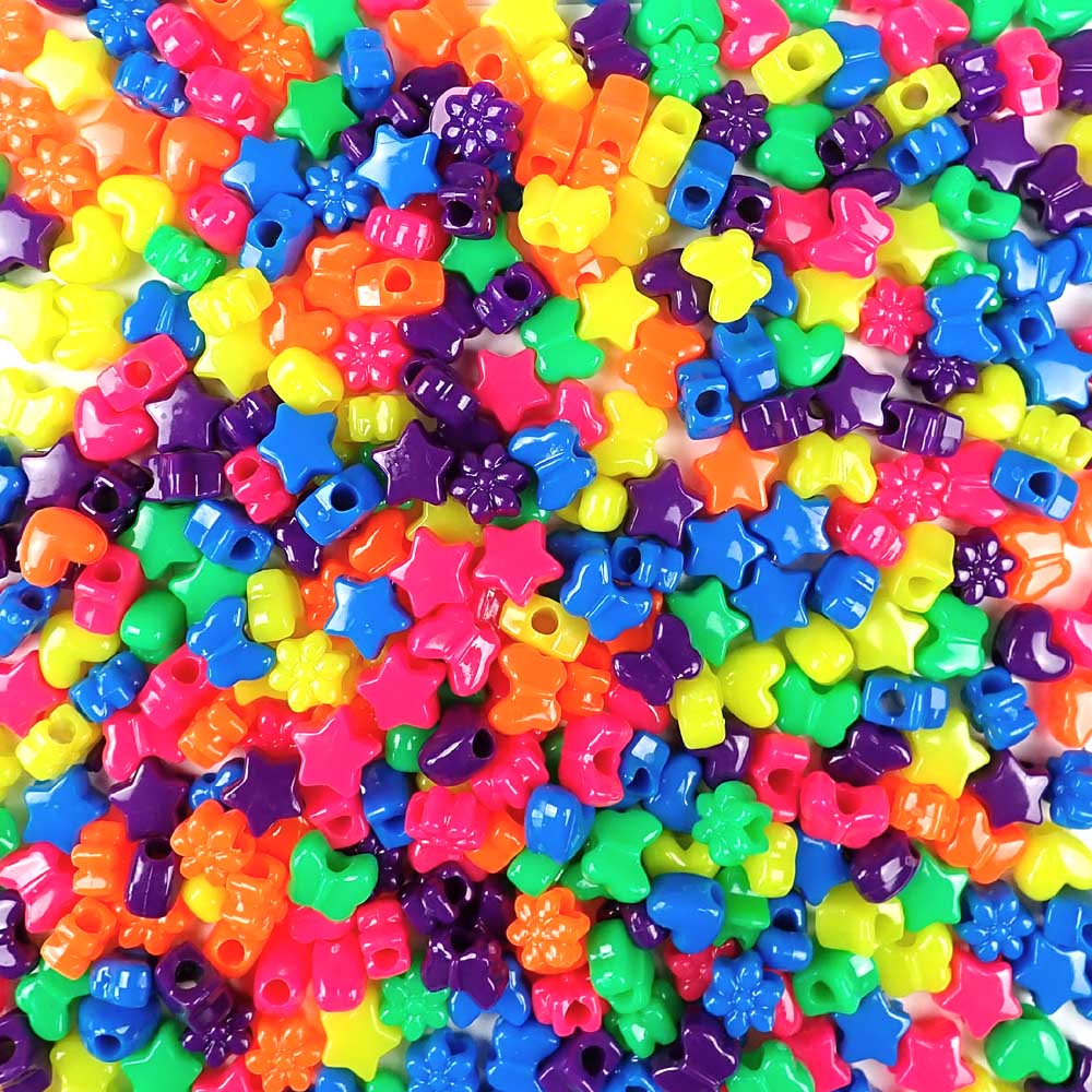 plastic crafts beads in a mix of shapes and bright colors