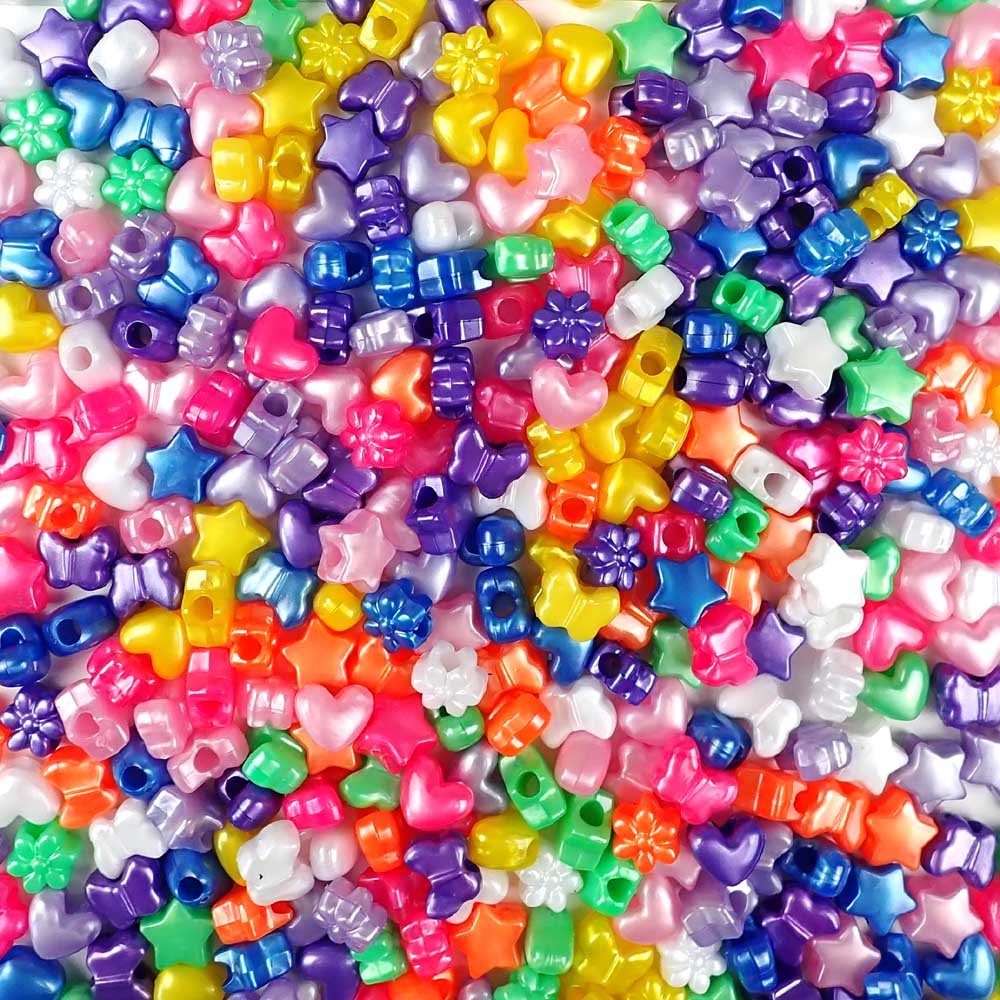 plastic crafts beads in a mix of shapes and pearlized colors