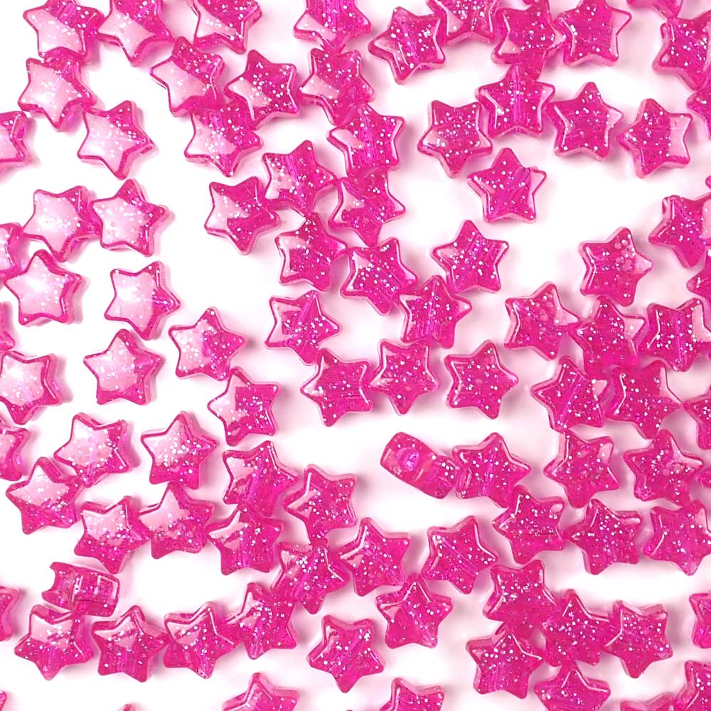 Hot Pink Glitter Star Plastic Pony Beads, 13mm, 125 beads