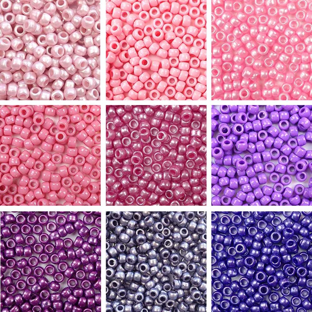 Pink &amp; Purple 6 x 9mm Pony Bead Variety Pack - 9 Colors (4500 beads total)