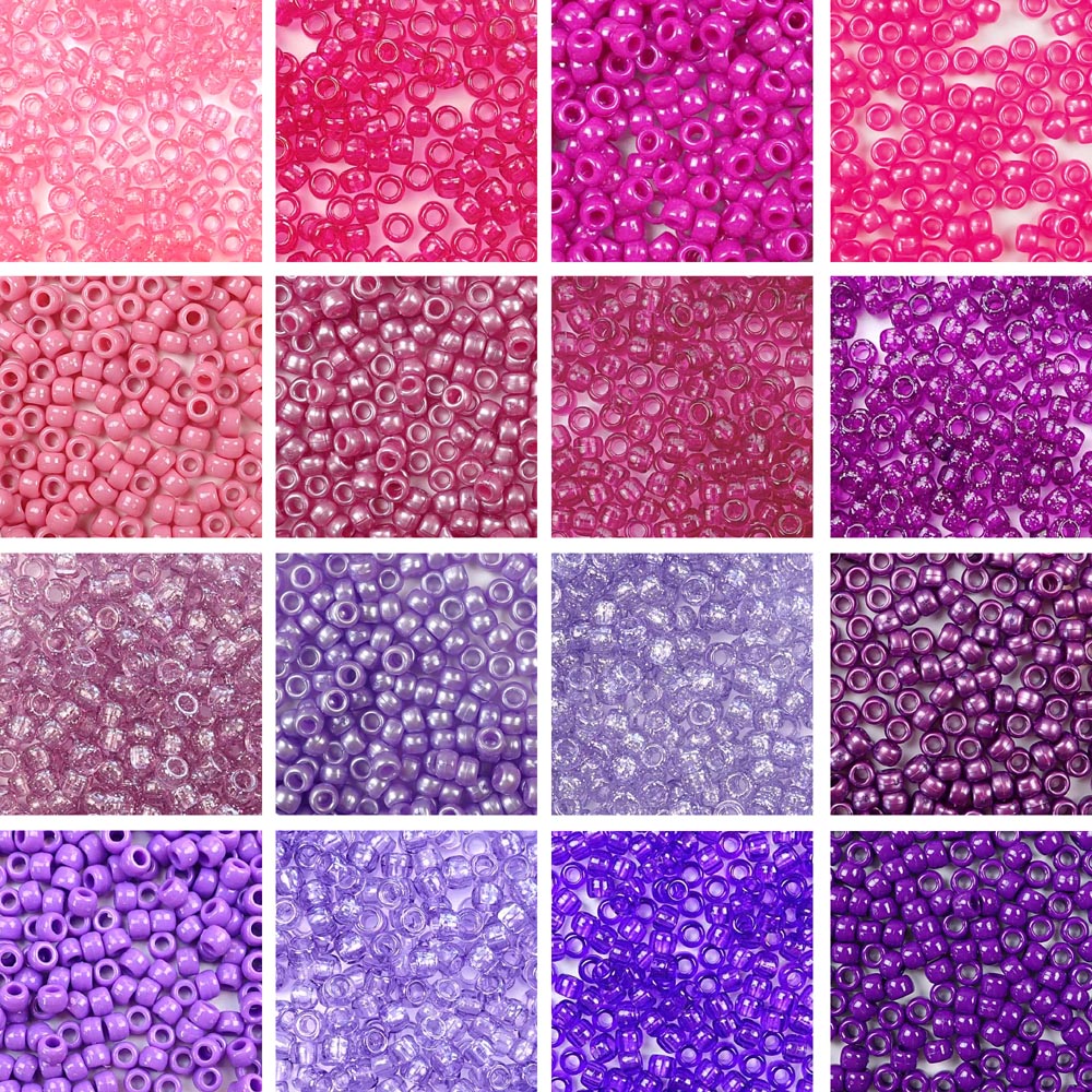Berry Pink & Purple Kit, 16 Colors, Plastic Pony Beads 6 x 9mm, 2400 beads