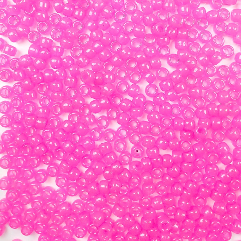 Pink Glow in the Dark Plastic Craft Pony Beads, Plastic Bead Size 6 x 9mm in a bulk bag