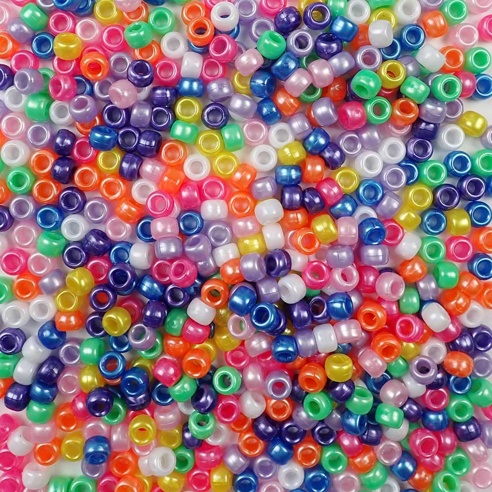 Bright Colors Pearl Multi Color Mix Plastic Craft Pony Beads, Bead Size 6 x 9mm in bulk bag