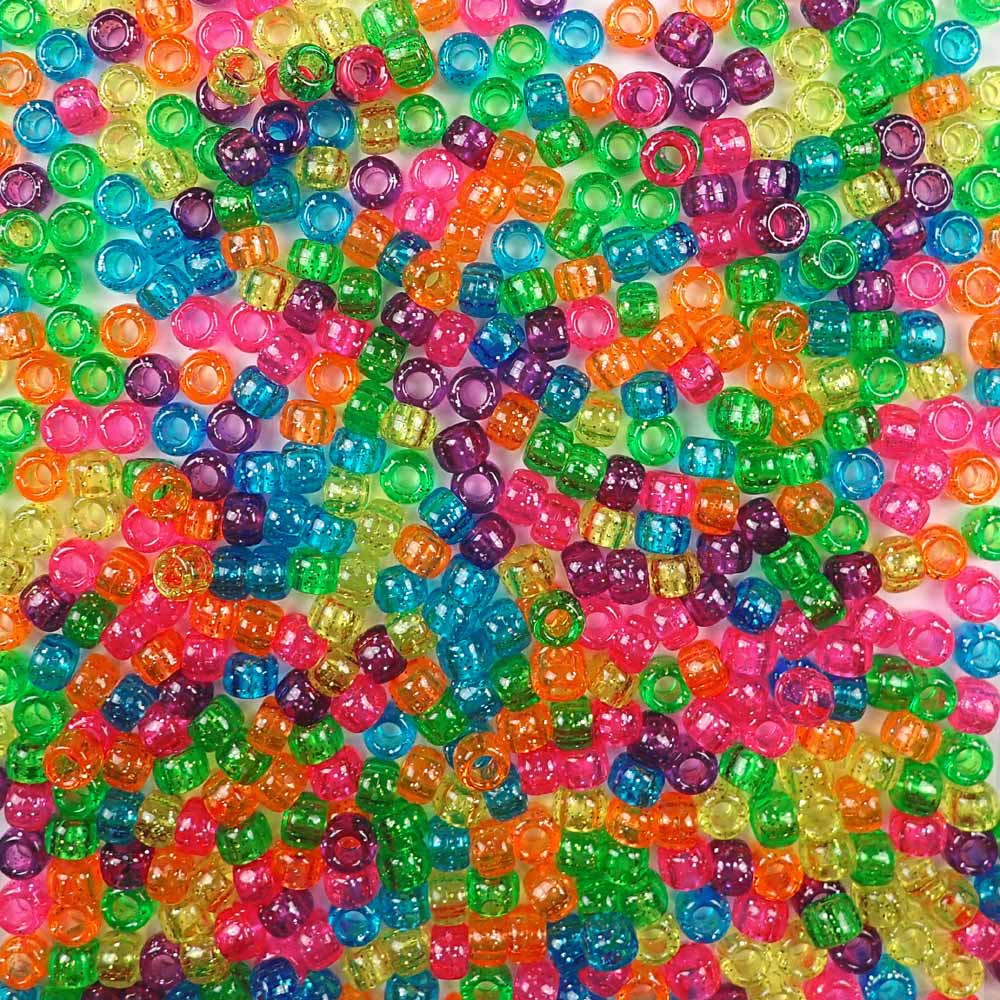 Bright Glitter Multi Color Mix Plastic Craft Pony Beads, Bead Size 6 x 9mm in bulk bag