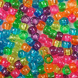 Bright Glitter Multi Color Mix Plastic Craft Pony Beads, Bead Size 6 x 9mm in bulk bag