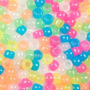 Glow in the Dark Multi Color Mix Plastic Craft Pony Beads, Bead Size 6 x 9mm in bulk bag
