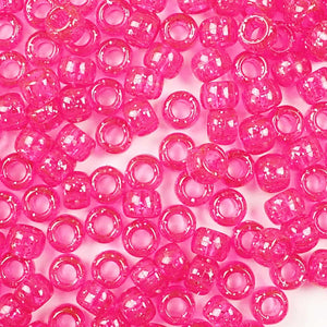 Hot Pink Glitter Plastic Craft Pony Beads, Plastic Bead Size 6 x 9mm in bulk bag
