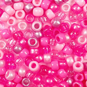 Pink Multicolor Mix Plastic Craft Pony Beads in different shades of light pink and dark pink, Plastic Bead Size 6 x 9mm in a bulk bag