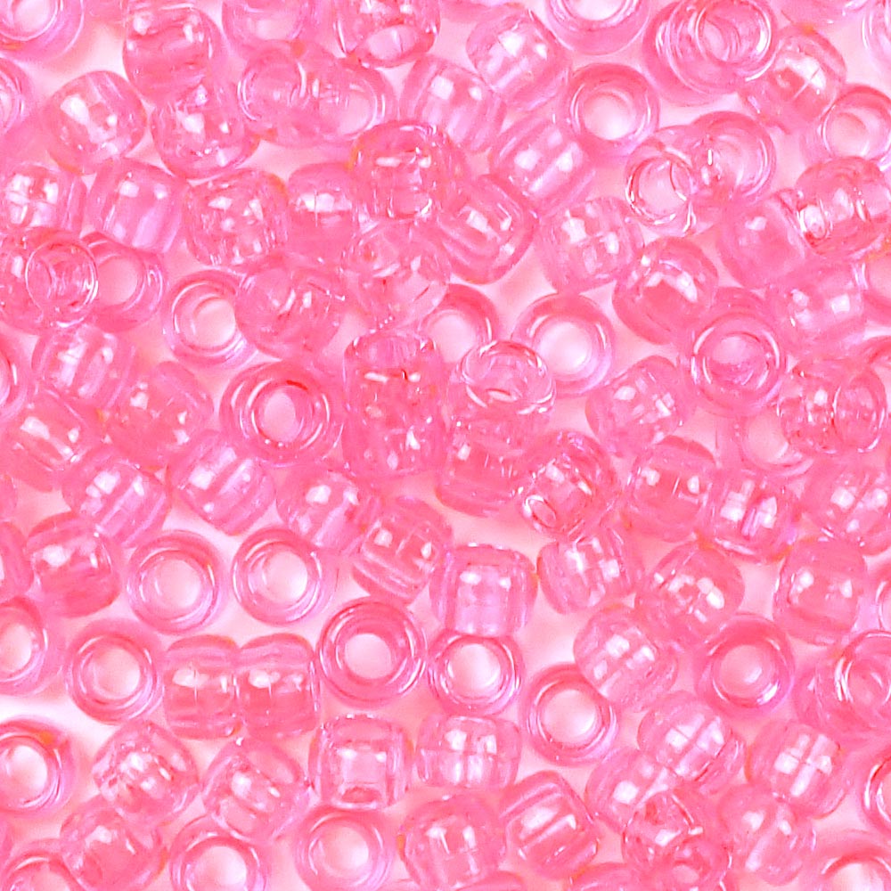 Pink Transparent Plastic Craft Pony Beads, Plastic Bead Size 6 x 9mm in a bulk bag