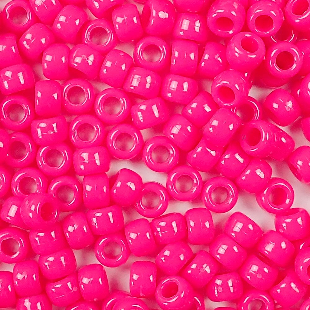 Neon Pink Plastic Craft Pony Beads, Plastic Bead Size 6 x 9mm in bulk bag