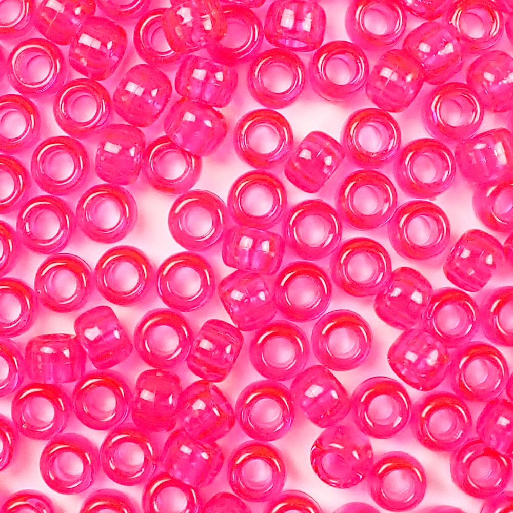 Hot Pink Transparent Plastic Craft Pony Beads, Plastic Bead Size 6 x 9mm in bulk bag