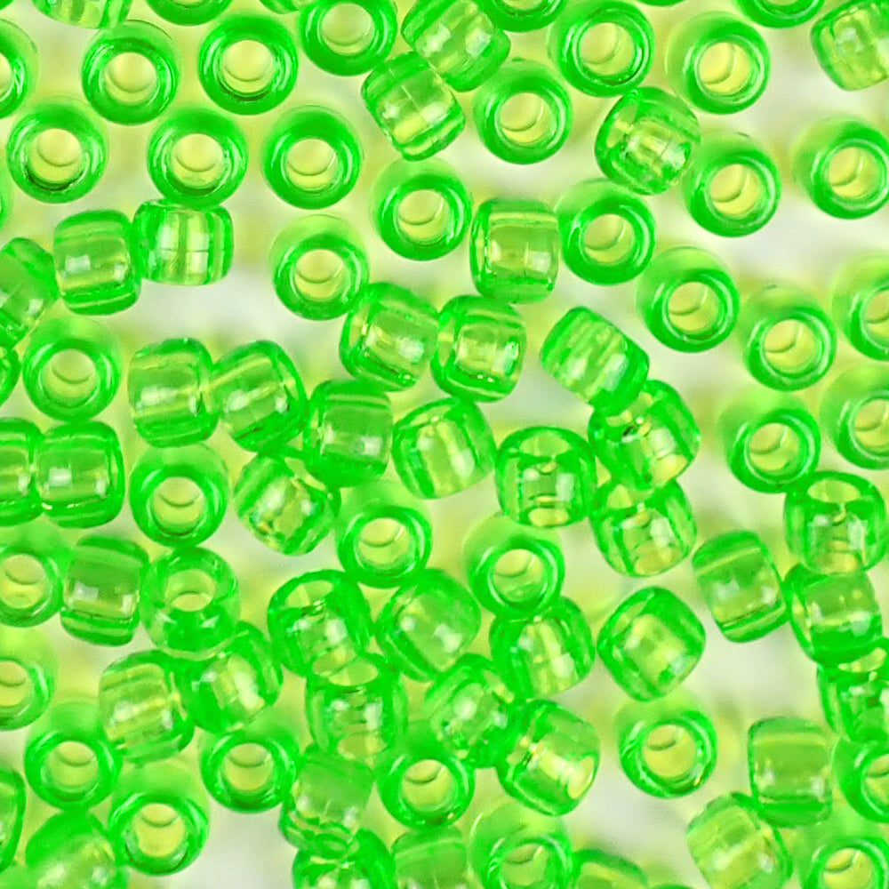 Transparent Lime Green Plastic Craft Pony Beads, Size 6 x 9mm