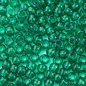 Emerald Green Glitter Plastic Craft Pony Beads, Size 6 x 9mm