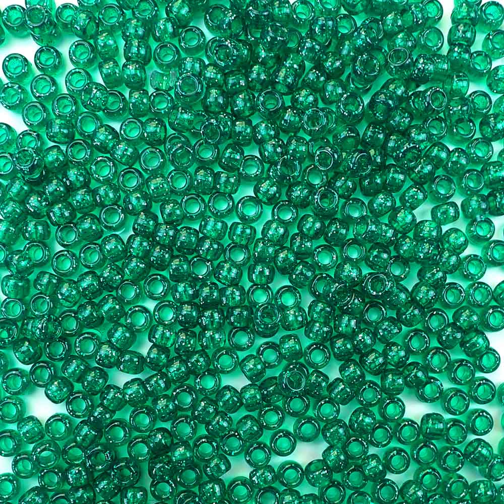 Emerald Green Glitter Plastic Craft Pony Beads, Size 6 x 9mm