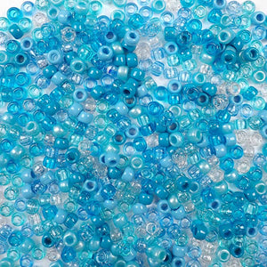 Caribbean Blue Multi Color Mix Plastic Craft Pony Beads, Plastic Bead Size 6 x 9mm in a bulk bag
