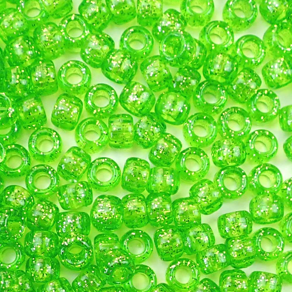 Lime Green Glitter Plastic Craft Pony Beads, Size 6 x 9mm