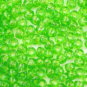 Lime Green Glitter Plastic Craft Pony Beads, Size 6 x 9mm