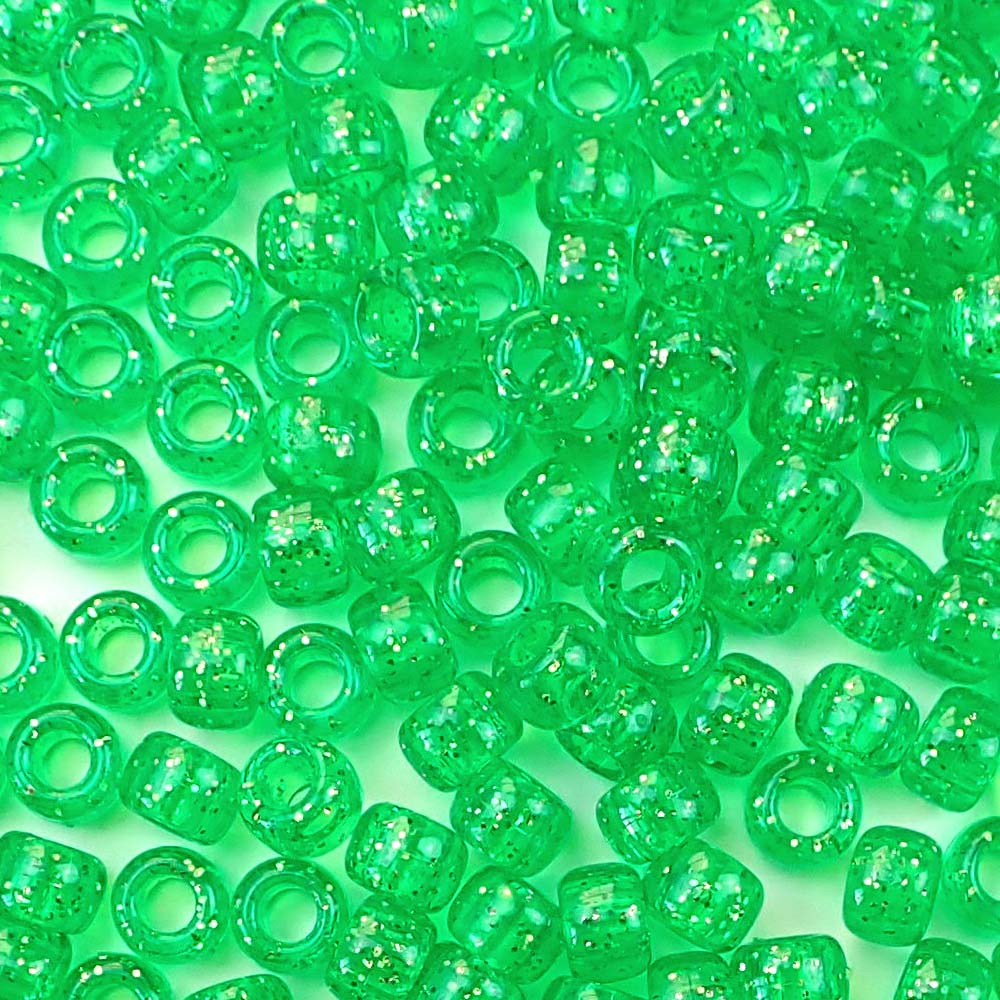 Mint Green Glitter Plastic Craft Pony Beads, Size 6 x 9mm