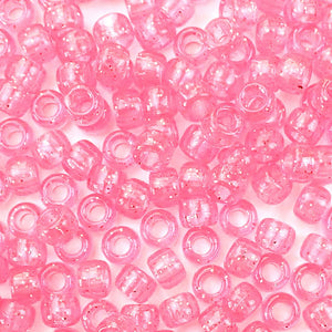 Pink Glitter Plastic Craft Pony Beads, Plastic Bead Size 6 x 9mm in a bulk bag