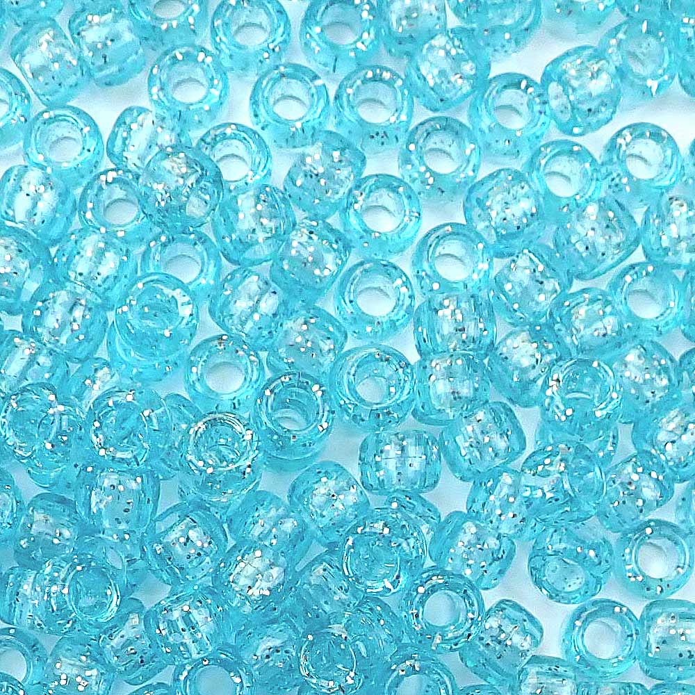 Light Turquoise Glitter Plastic Craft Pony Beads, Size 6 x 9mm