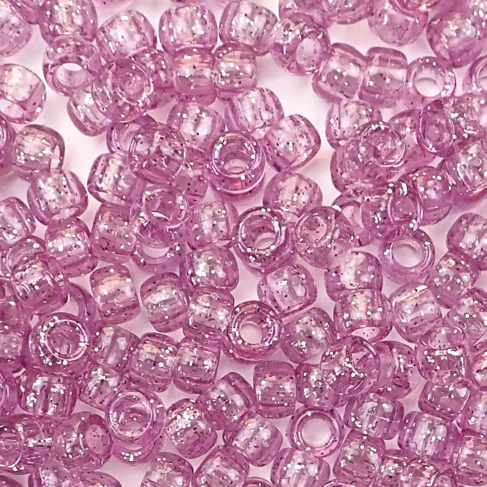 Light Amethyst Purple Glitter Plastic Craft Pony Beads, Size 6 x 9mm