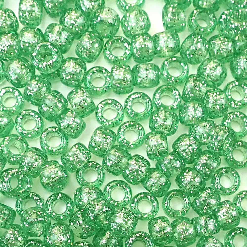 Peridot Green Glitter Plastic Pony Beads 6 x 9mm, about 100 beads