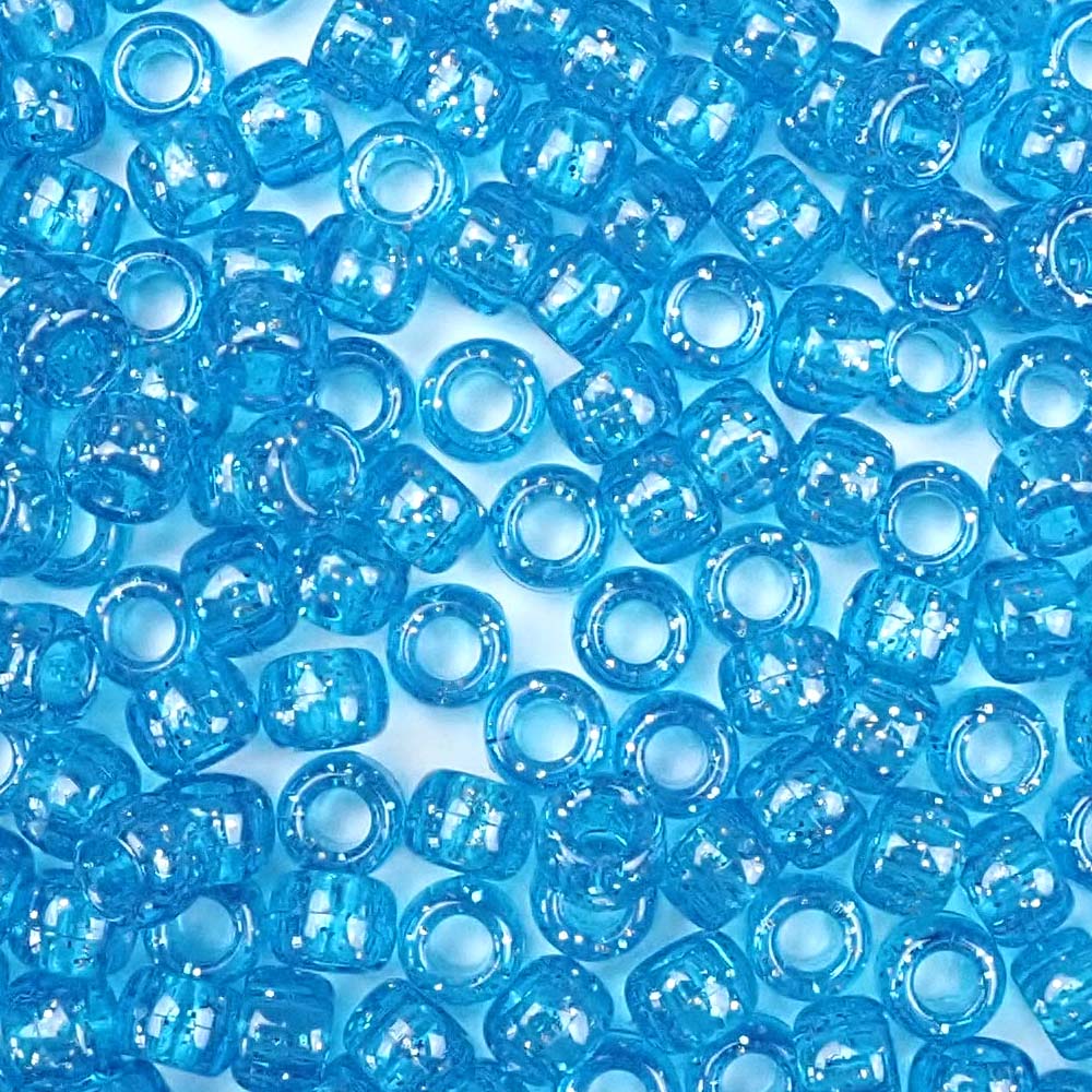 Turquoise Glitter Plastic Craft Pony Beads, Size 6 x 9mm