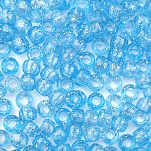 Light Sapphire Blue Glitter Plastic Craft Pony Beads, Size 6 x 9mm