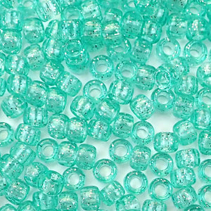 Light Aqua Green Glitter Plastic Craft Pony Beads, Size 6 x 9mm