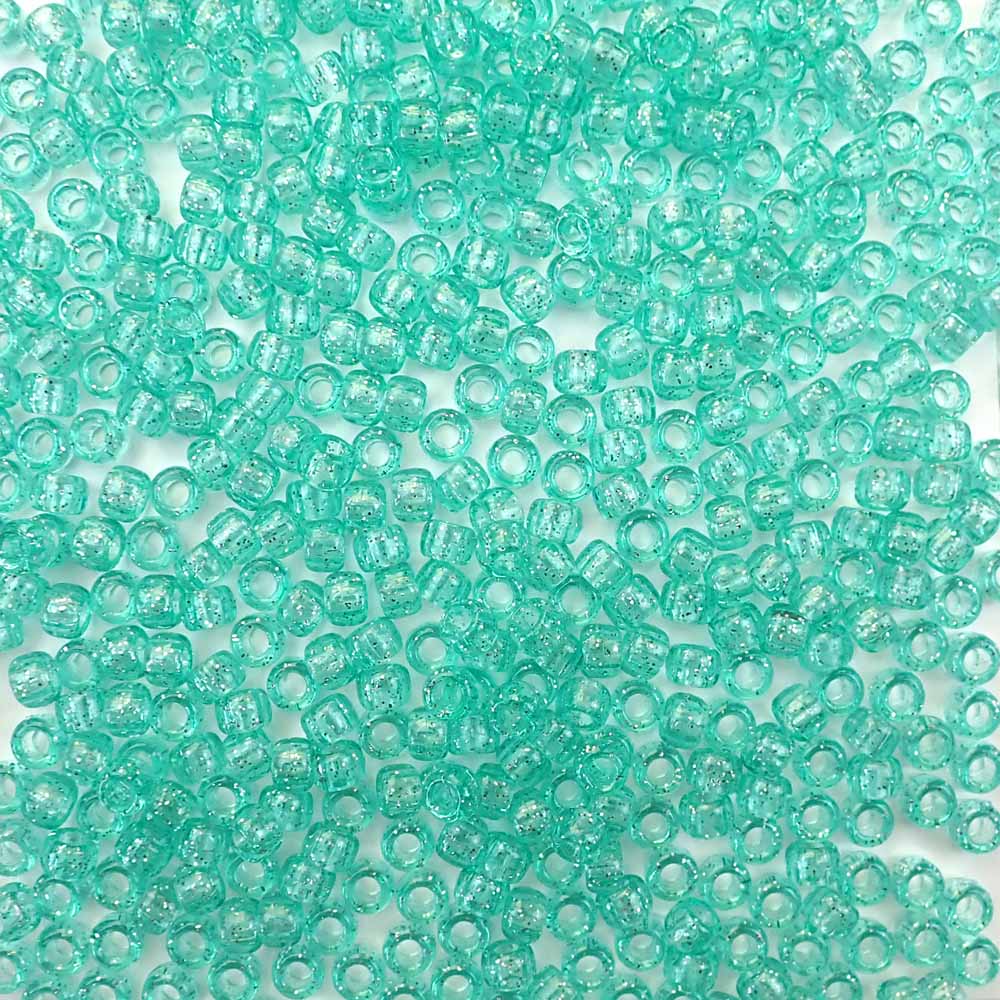 Light Aqua Green Glitter Plastic Craft Pony Beads, Size 6 x 9mm