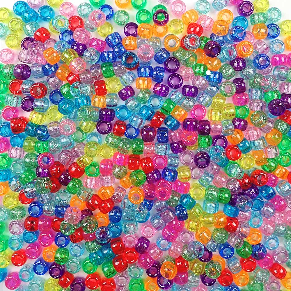 Rainbow Glitter Multi Color Mix Plastic Craft Pony Beads, Bead Size 6 x 9mm in bulk bag