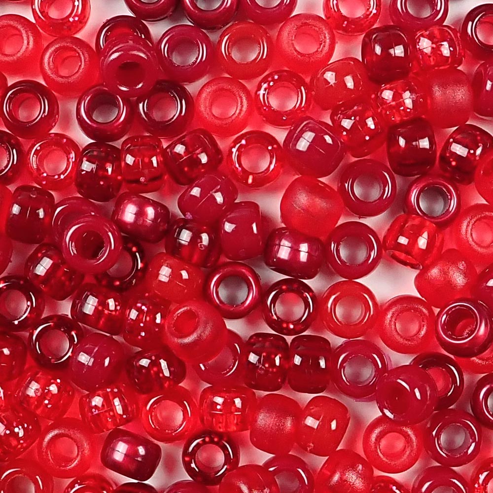 Red Berry Plastic Craft Pony Beads in a mix of different shades of red, Bead Size 6 x 9mm in a bulk bag
