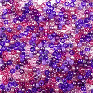 Violet Colors Multicolor Mix Plastic Craft Pony Bead in shades of dark and light purple and pink, Plastic Bead Size 6 x 9mm in bulk bag