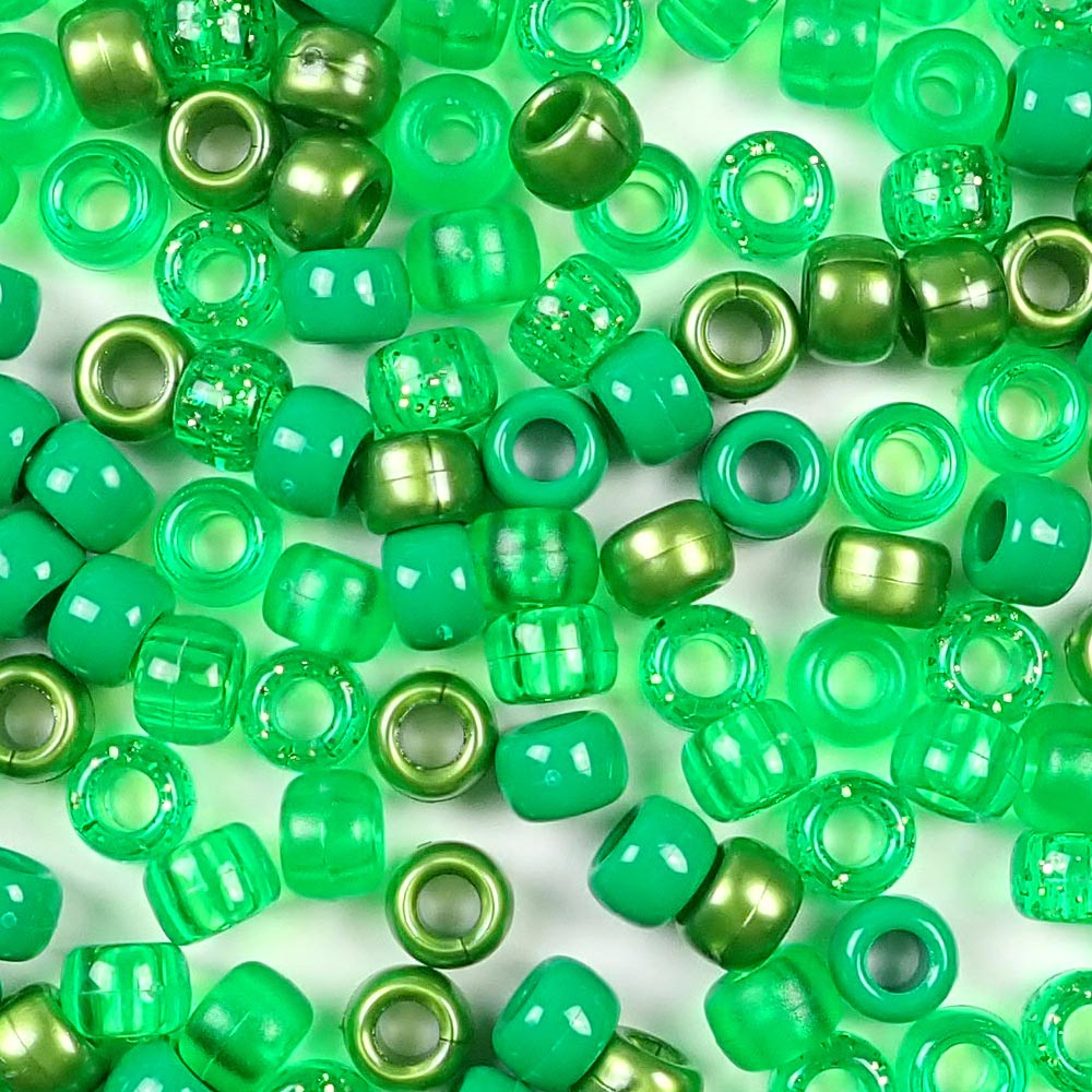 Mix of Green Colors Plastic Craft Pony Beads, Plastic Bead Size of 6 x 9mm in a bulk bag