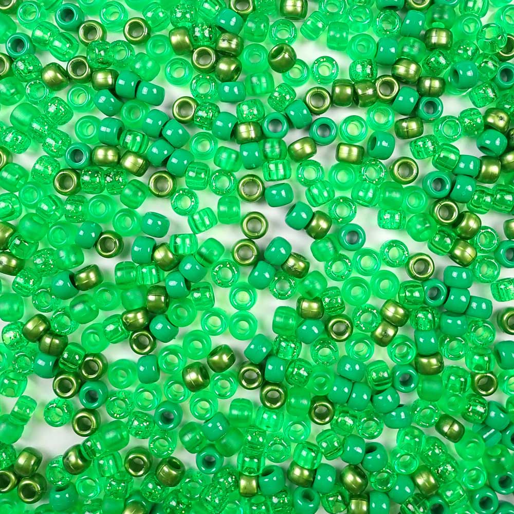 Mix of Green Colors Plastic Craft Pony Beads, Plastic Bead Size of 6 x 9mm in a bulk bag