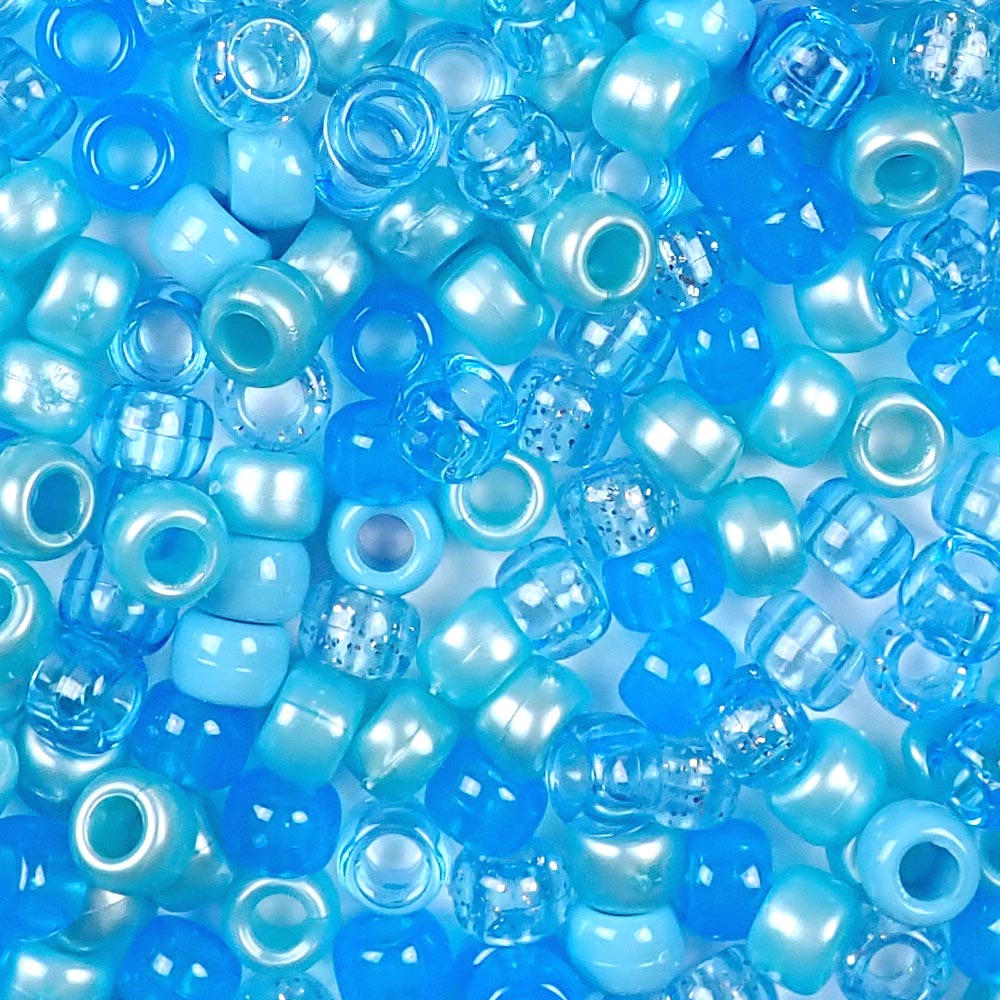 Light Blue Multi Color Mix Plastic Craft Pony Beads in different shades of blue, Plastic Bead Size 6 x 9mm in a bulk bag