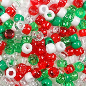 Christmas Theme Multicolor Mix Plastic Craft Pony Beads, Plastic Bead Size 6 x 9mm in bulk bag