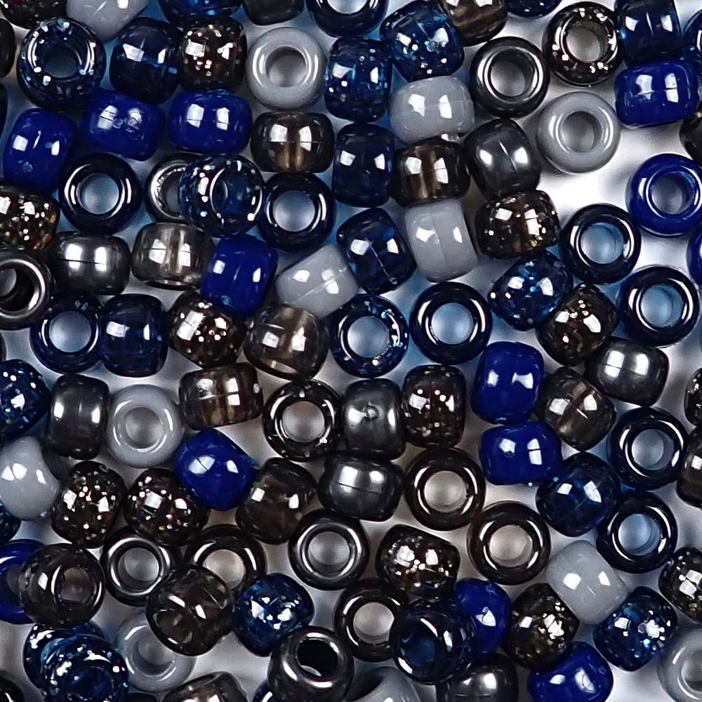 Dark Blue and Gray Multi-color Mix of Plastic Craft Pony Beads, Bead Size 6 x 9mm in a bulk bag