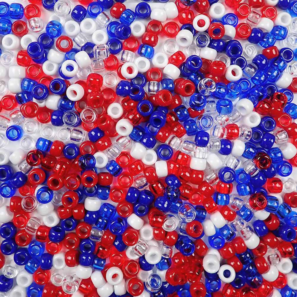 Patriotic Red, White and Blue Multi-color Mix of Plastic Craft Pony Beads, Bead Size 6 x 9mm in a bulk bag