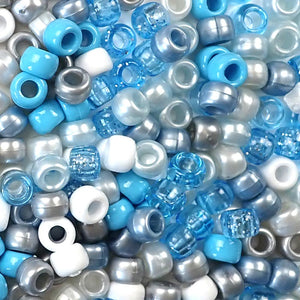 Baby Blue Multi-color Mix of Plastic Craft Pony Beads, Plastic Bead Size 6 x 9mm in a bulk bag
