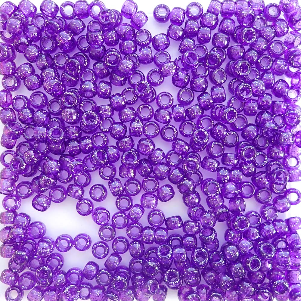 Purple Glitter Transparent Plastic Craft Pony Beads, Size 6 x 9mm